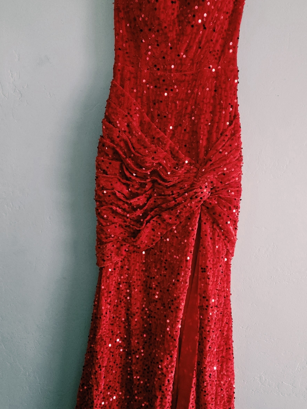 Red Sequin Prom Dress with Side Ruche and Knot Detail